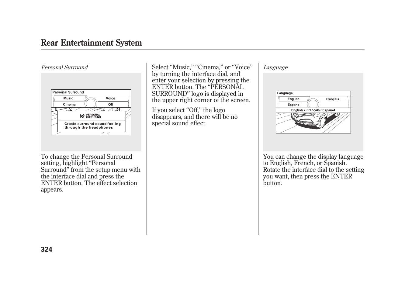 Rear entertainment system | Acura 2010 MDX User Manual | Page 331 / 616