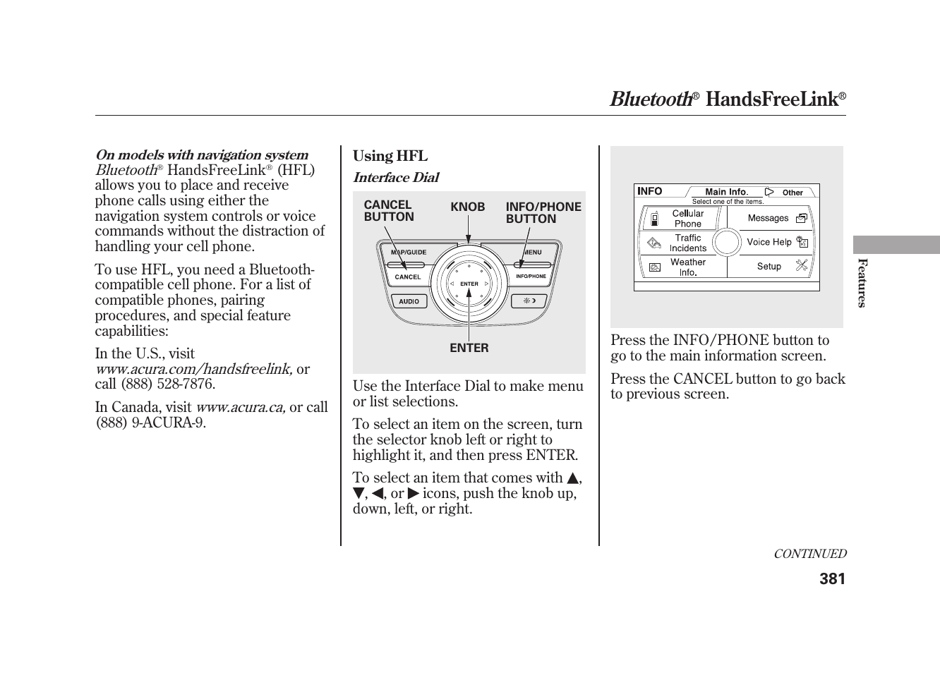 Bluetooth, Handsfreelink | Acura 2010 MDX User Manual | Page 388 / 616