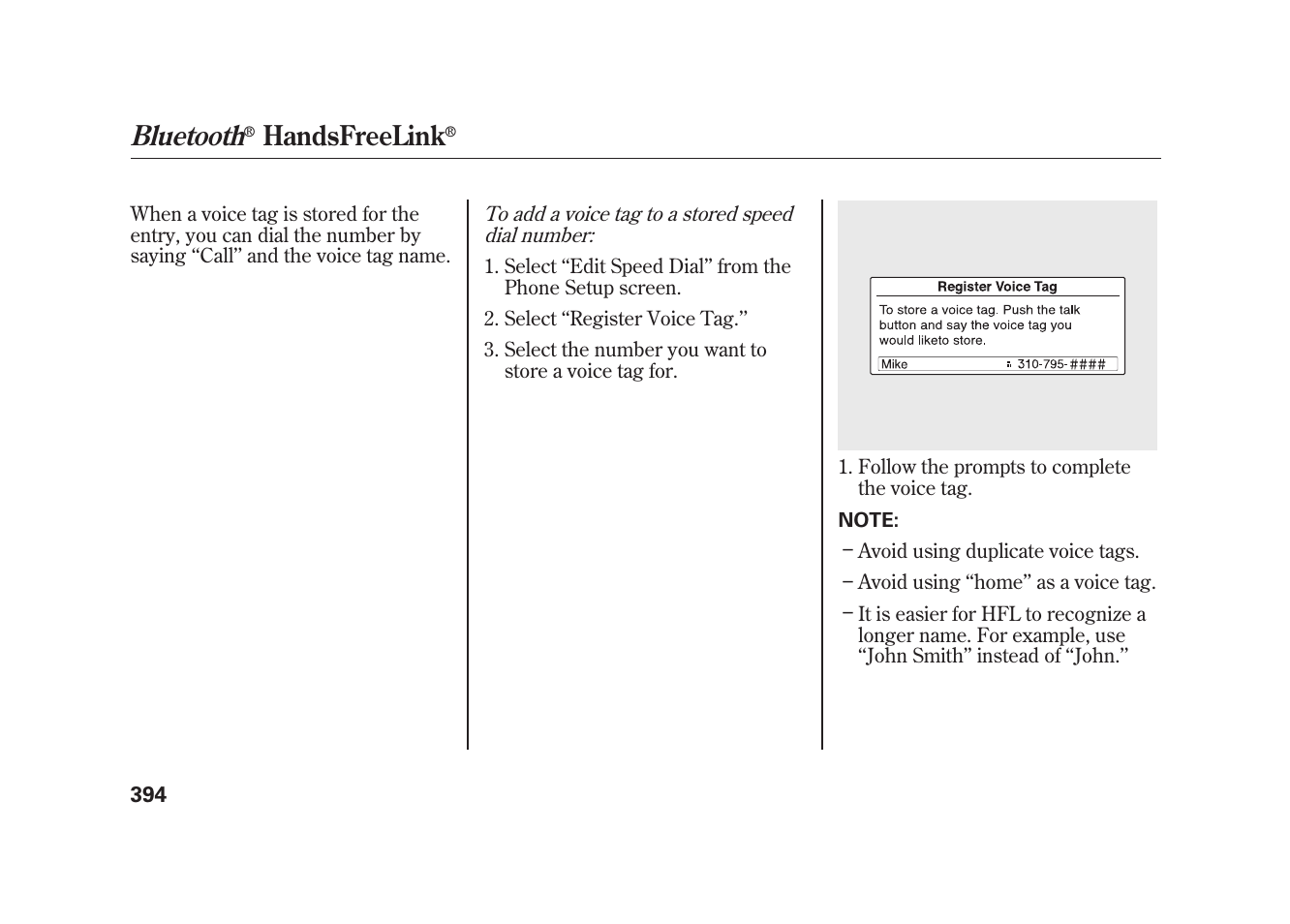 Bluetooth, Handsfreelink | Acura 2010 MDX User Manual | Page 401 / 616