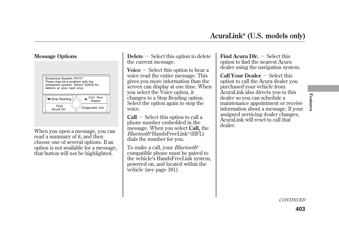 Acuralink, U.s. models only) | Acura 2010 MDX User Manual | Page 410 / 616