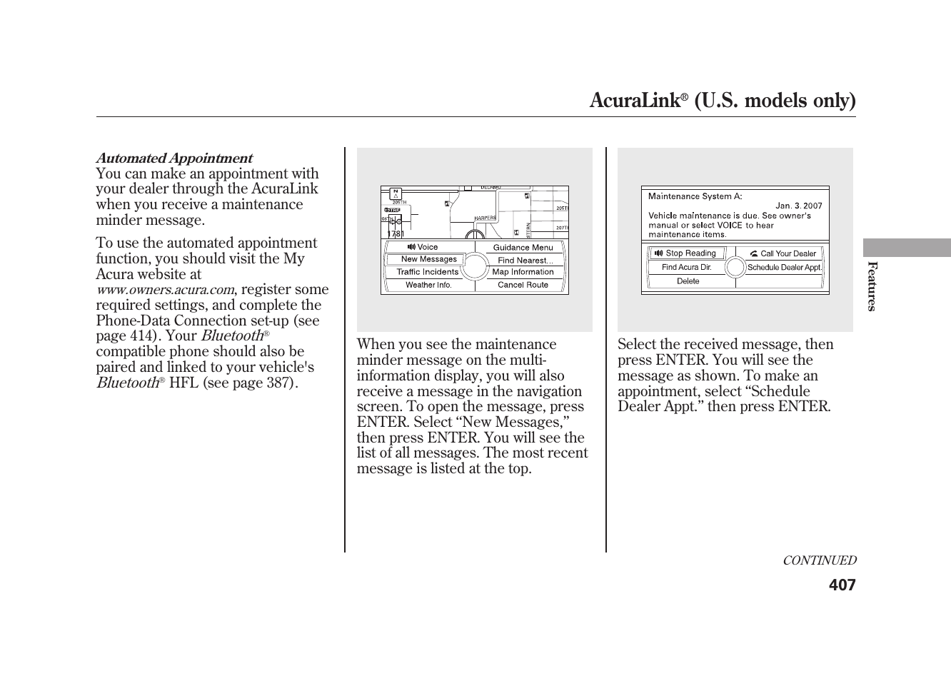 Acuralink, U.s. models only) | Acura 2010 MDX User Manual | Page 414 / 616