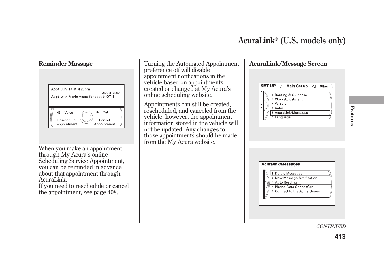 Acuralink, U.s. models only) | Acura 2010 MDX User Manual | Page 420 / 616