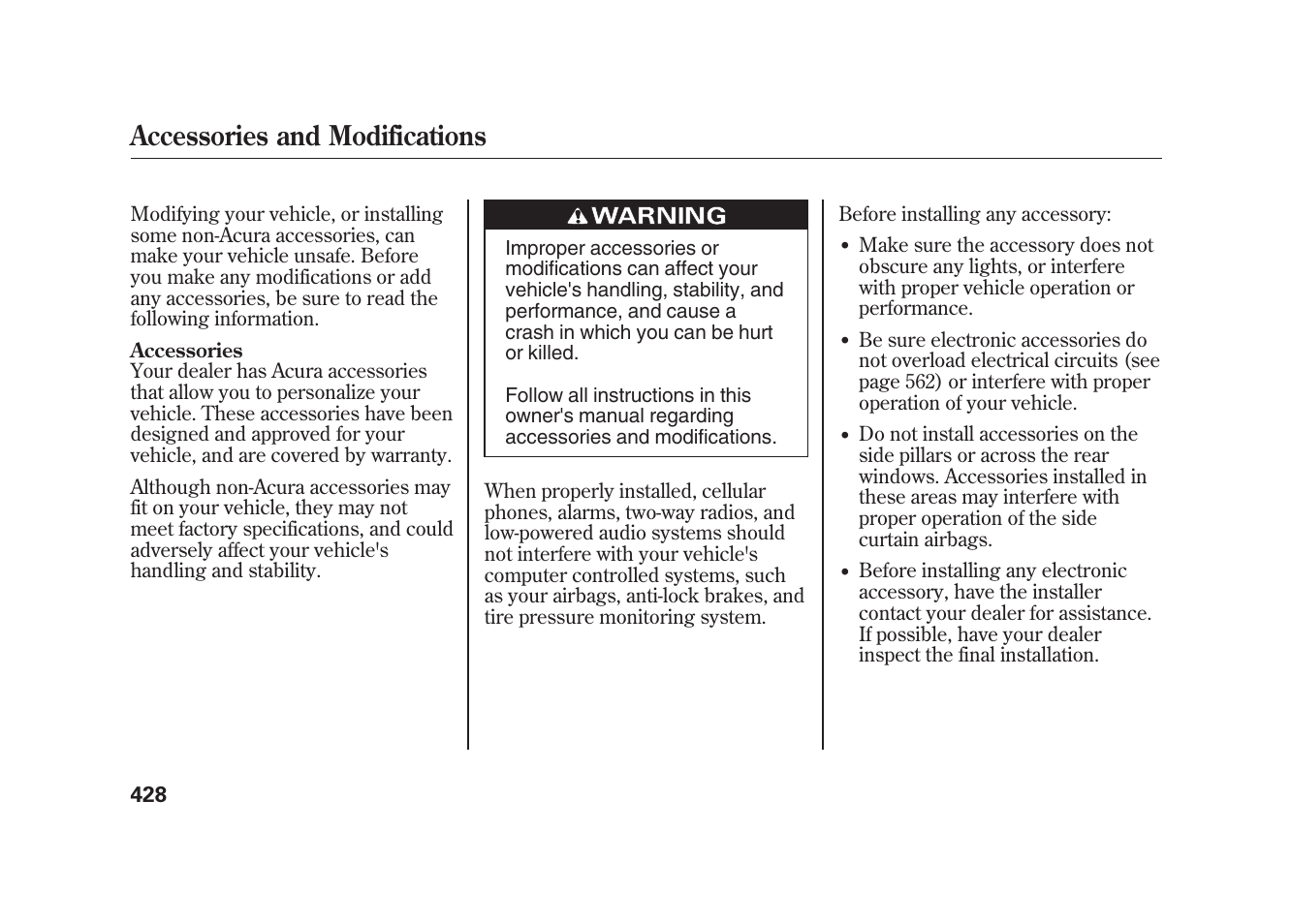 Accessories and modifications | Acura 2010 MDX User Manual | Page 435 / 616