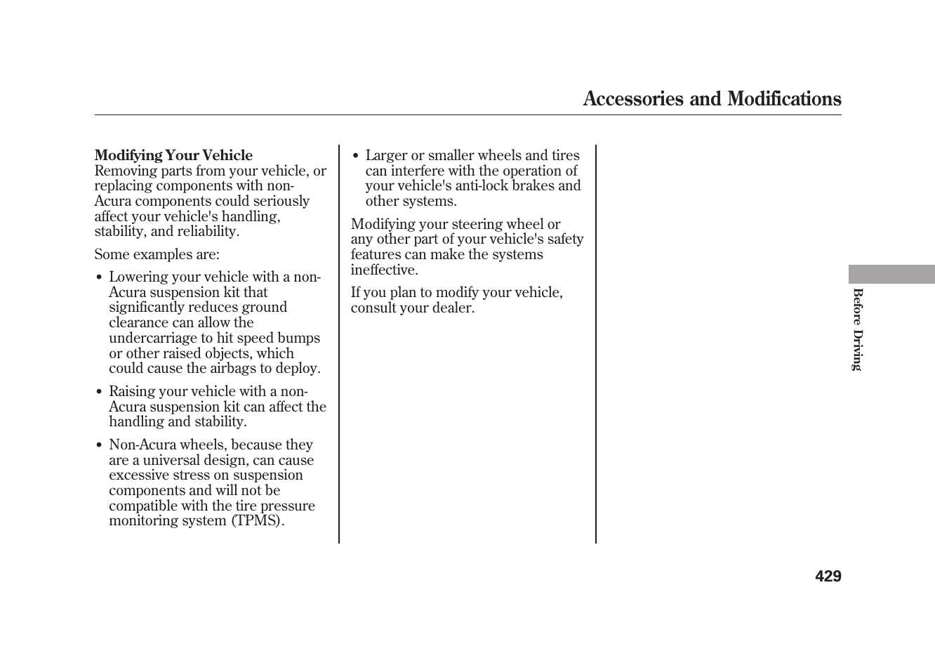 Accessories and modifications | Acura 2010 MDX User Manual | Page 436 / 616