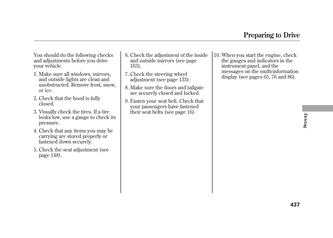 Preparing to drive | Acura 2010 MDX User Manual | Page 444 / 616