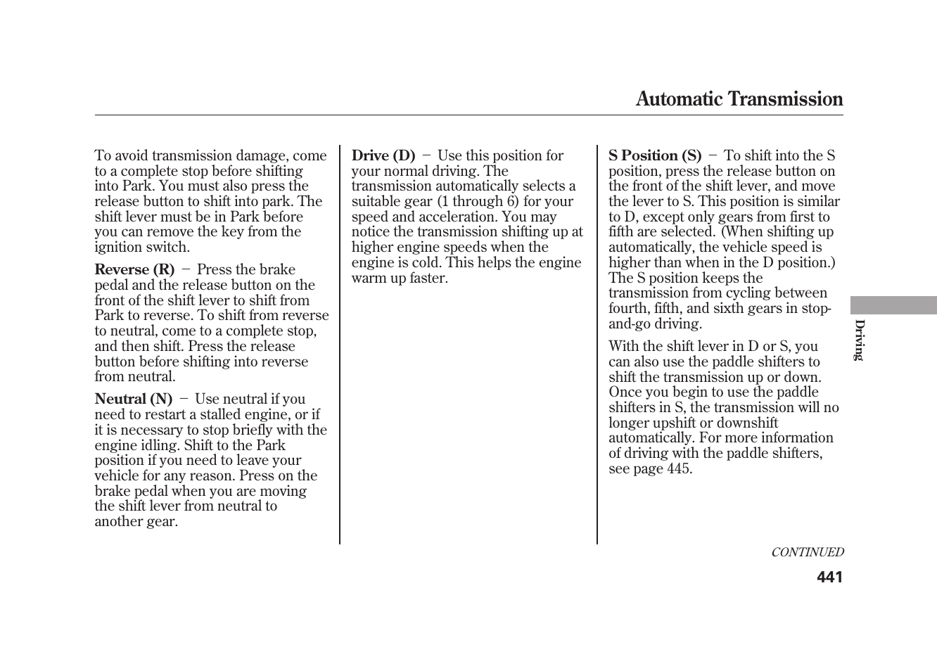 Automatic transmission | Acura 2010 MDX User Manual | Page 448 / 616