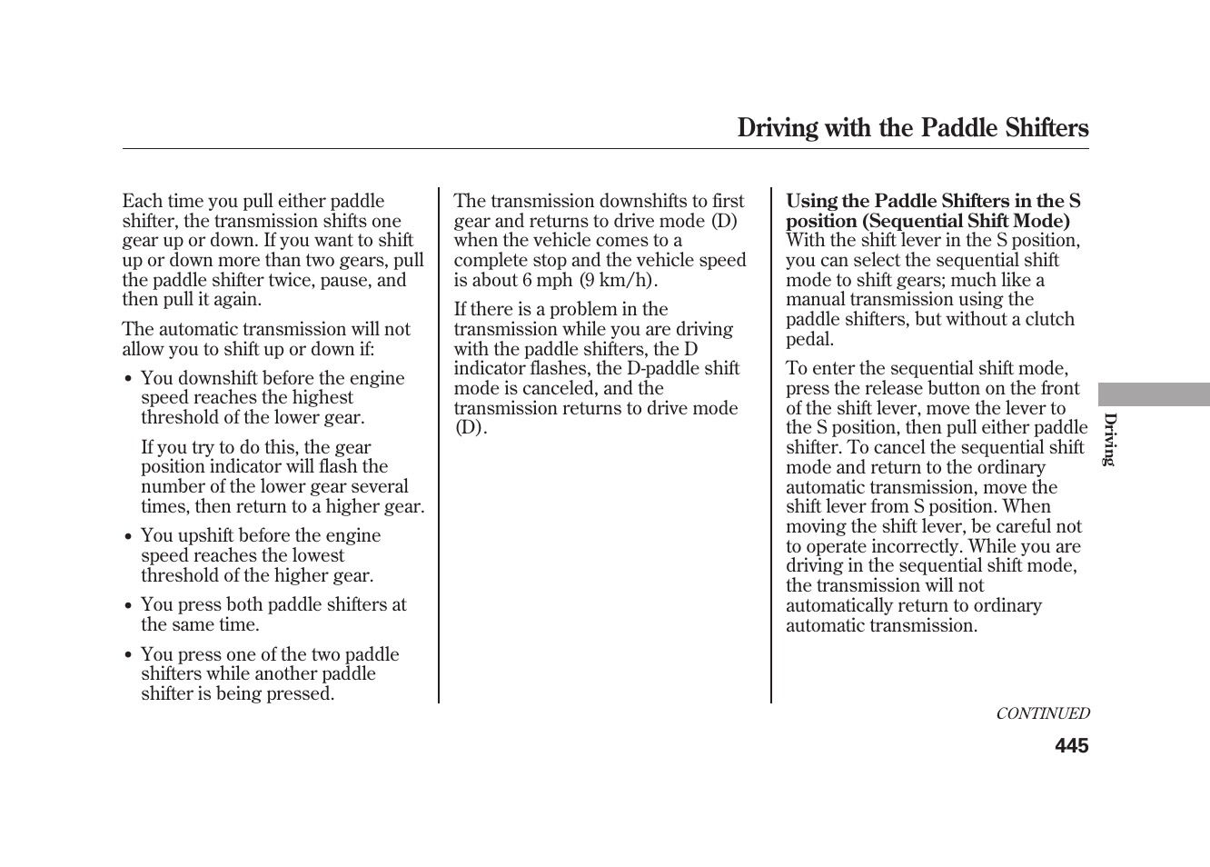 Driving with the paddle shifters | Acura 2010 MDX User Manual | Page 452 / 616