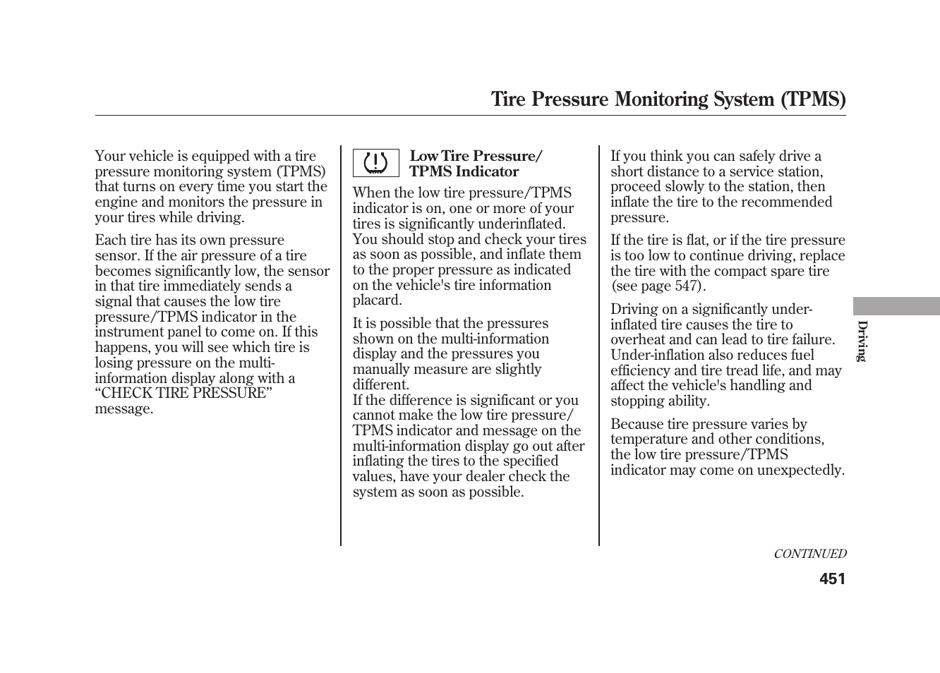 Tire pressure monitoring system (tpms) | Acura 2010 MDX User Manual | Page 458 / 616