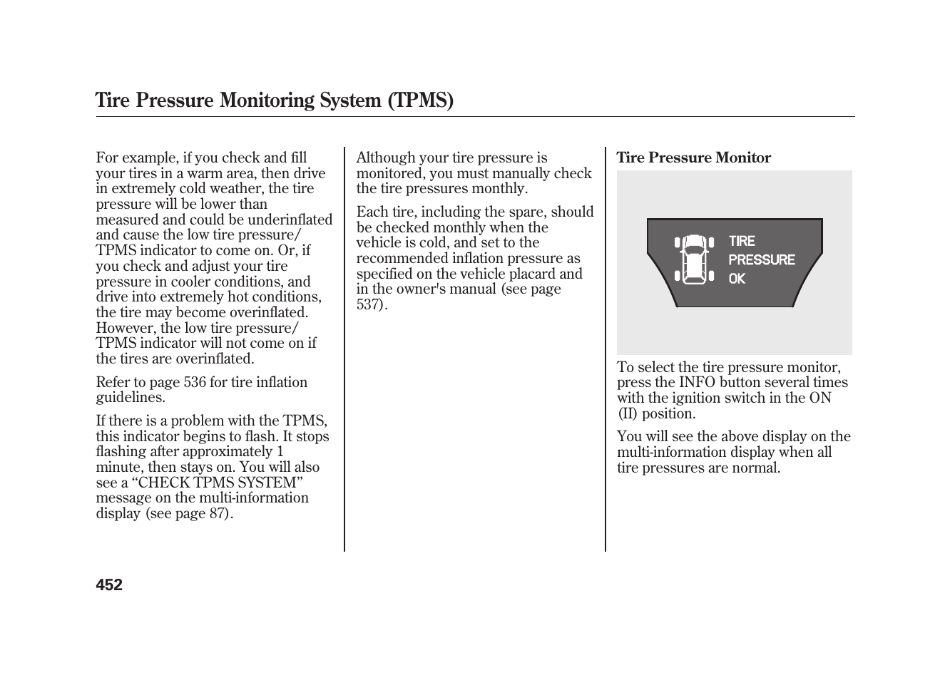 Tire pressure monitoring system (tpms) | Acura 2010 MDX User Manual | Page 459 / 616