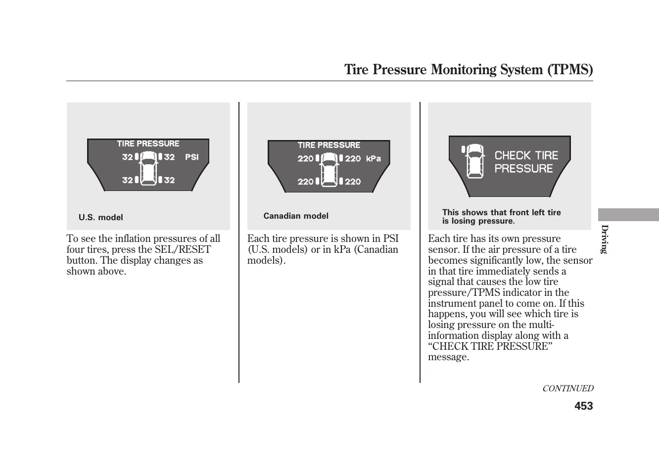 Tire pressure monitoring system (tpms) | Acura 2010 MDX User Manual | Page 460 / 616