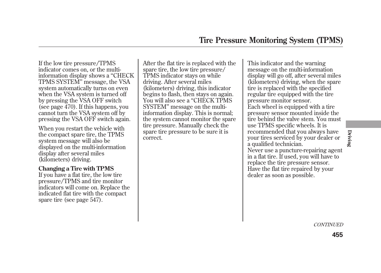 Tire pressure monitoring system (tpms) | Acura 2010 MDX User Manual | Page 462 / 616