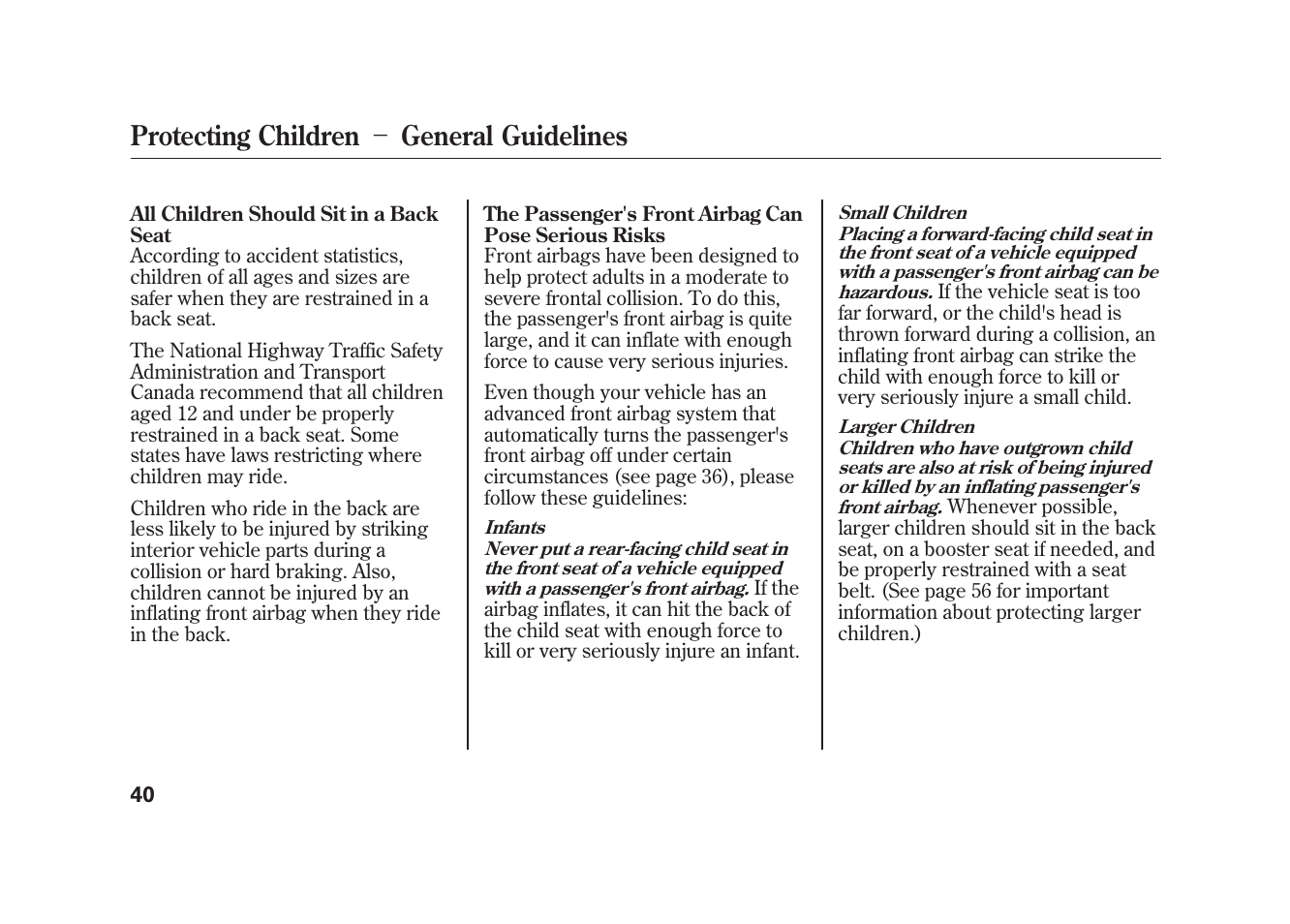 Protecting children － general guidelines | Acura 2010 MDX User Manual | Page 47 / 616