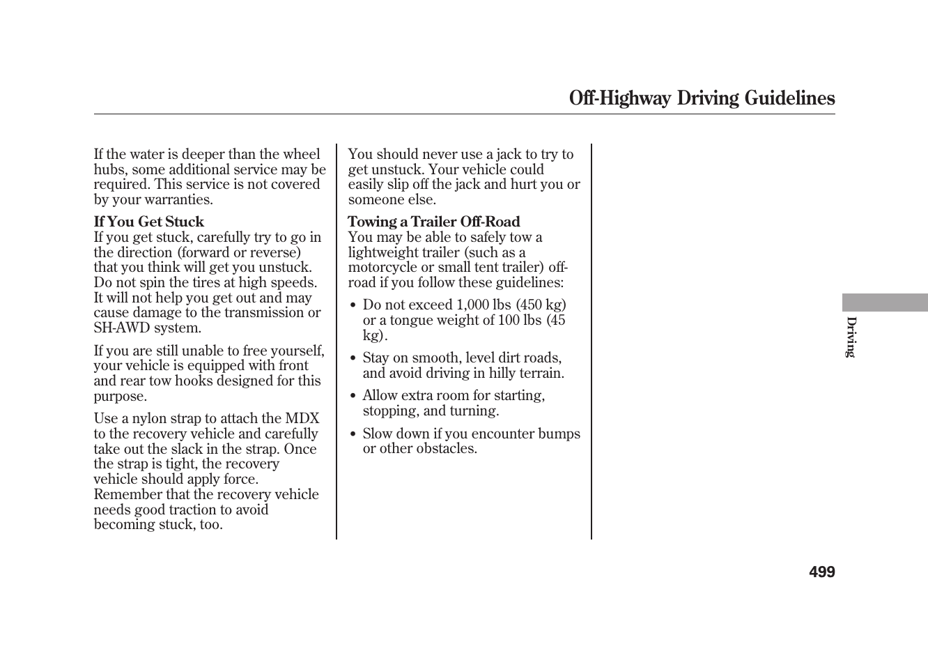 Off-highway driving guidelines | Acura 2010 MDX User Manual | Page 506 / 616