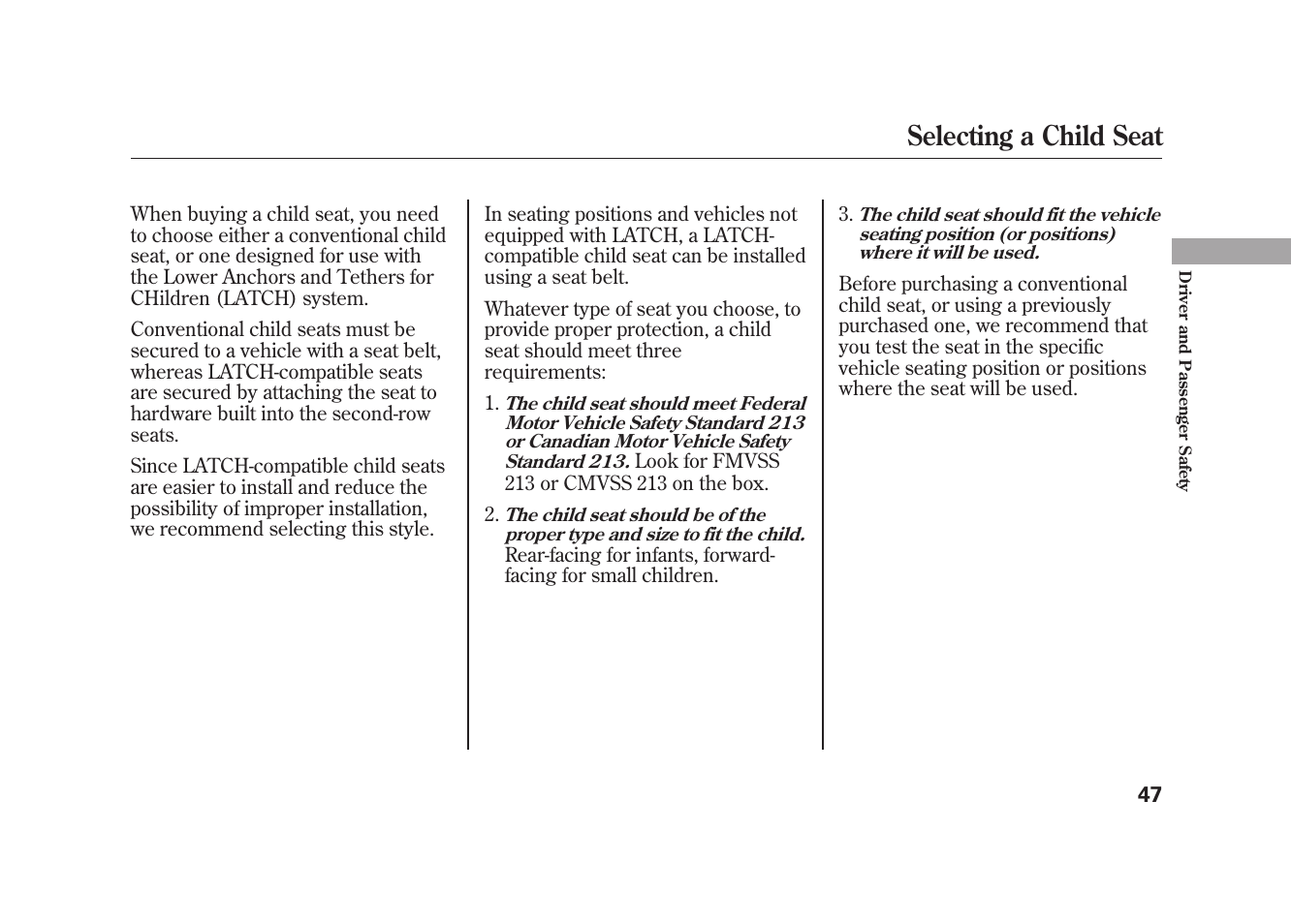 Selecting a child seat | Acura 2010 MDX User Manual | Page 54 / 616