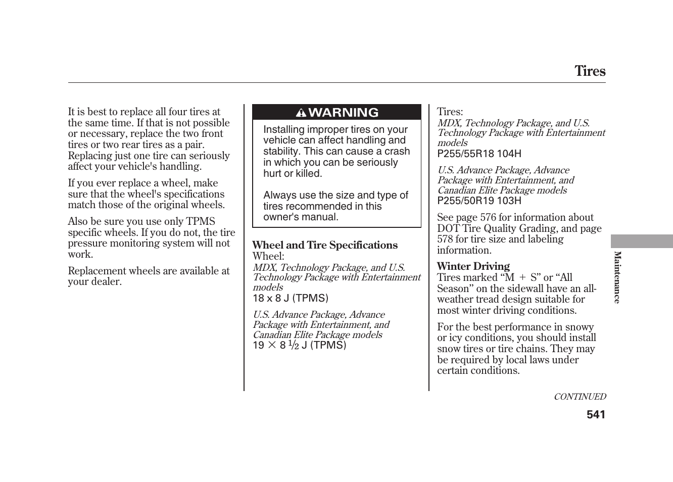 Tires | Acura 2010 MDX User Manual | Page 548 / 616