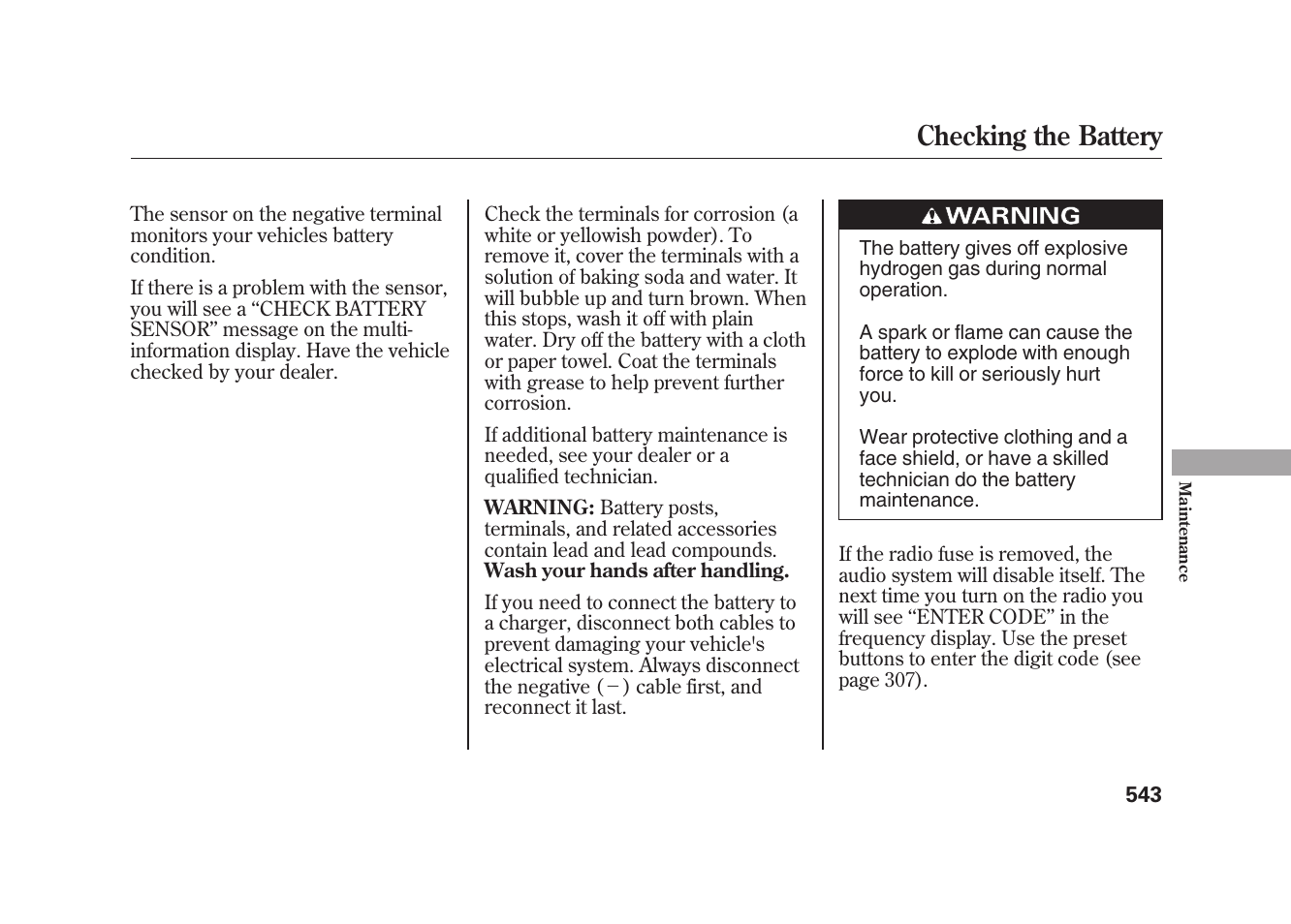 Checking the battery | Acura 2010 MDX User Manual | Page 550 / 616