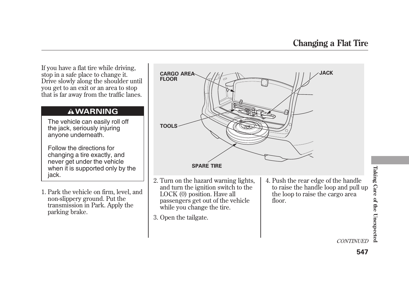 Changing a flat tire | Acura 2010 MDX User Manual | Page 554 / 616