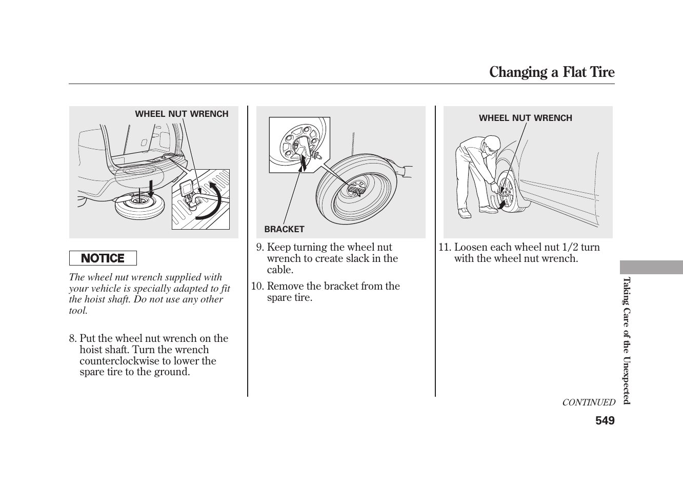 Changing a flat tire | Acura 2010 MDX User Manual | Page 556 / 616