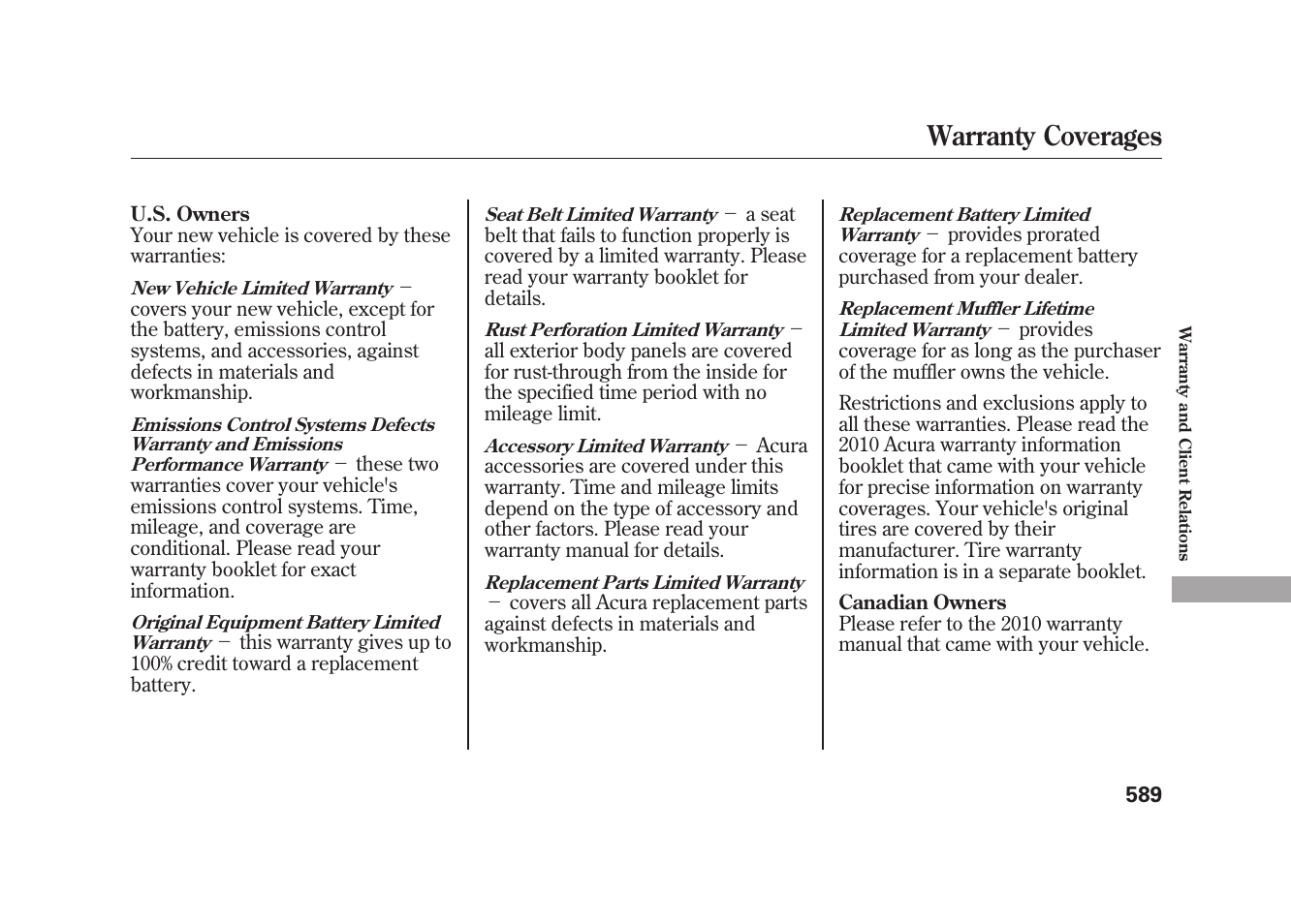 Warranty coverages | Acura 2010 MDX User Manual | Page 596 / 616