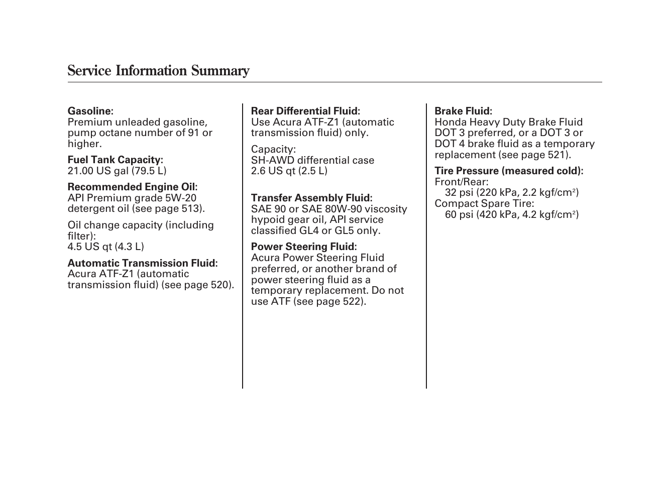 Service information summary | Acura 2010 MDX User Manual | Page 615 / 616