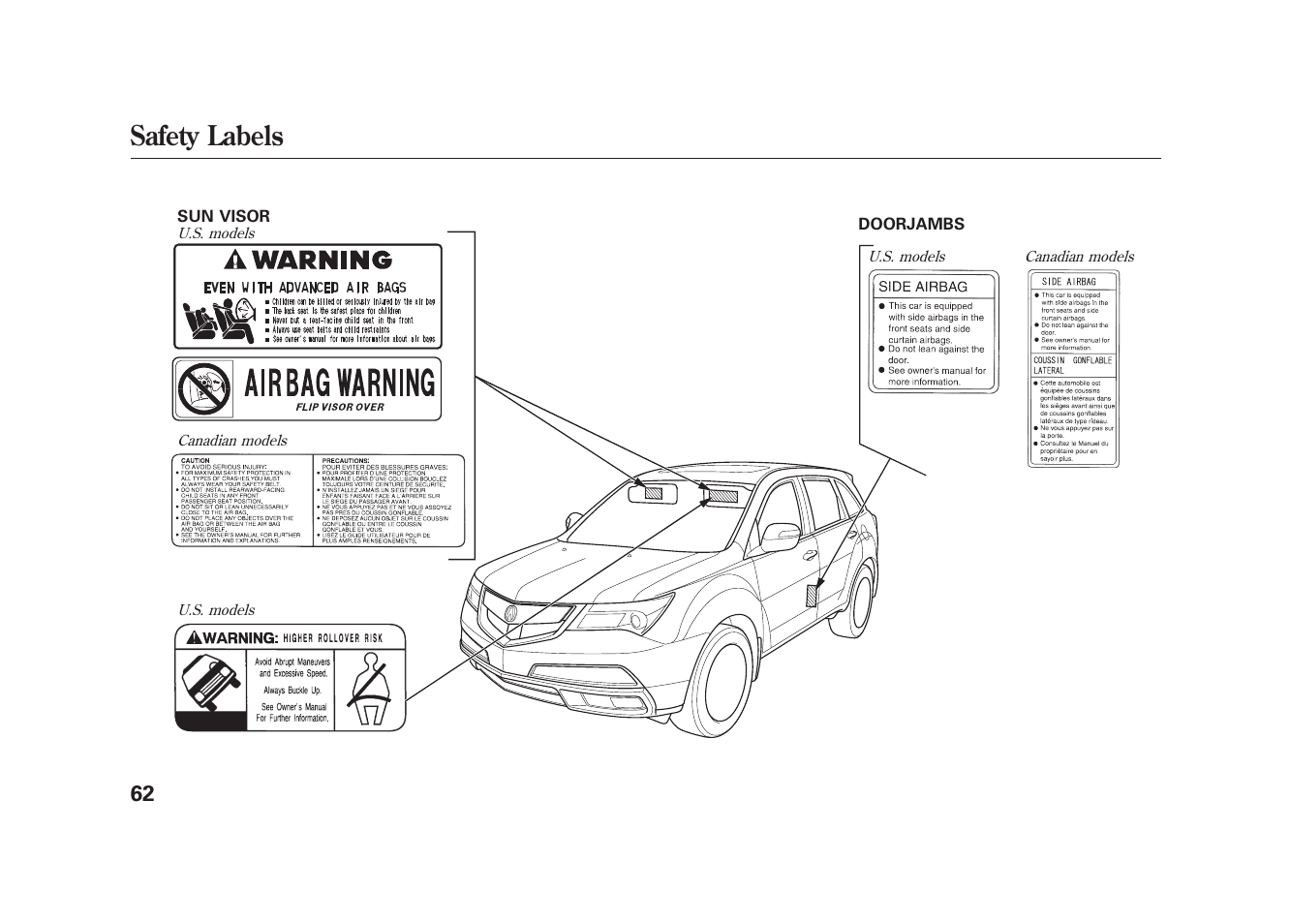 Safety labels | Acura 2010 MDX User Manual | Page 69 / 616