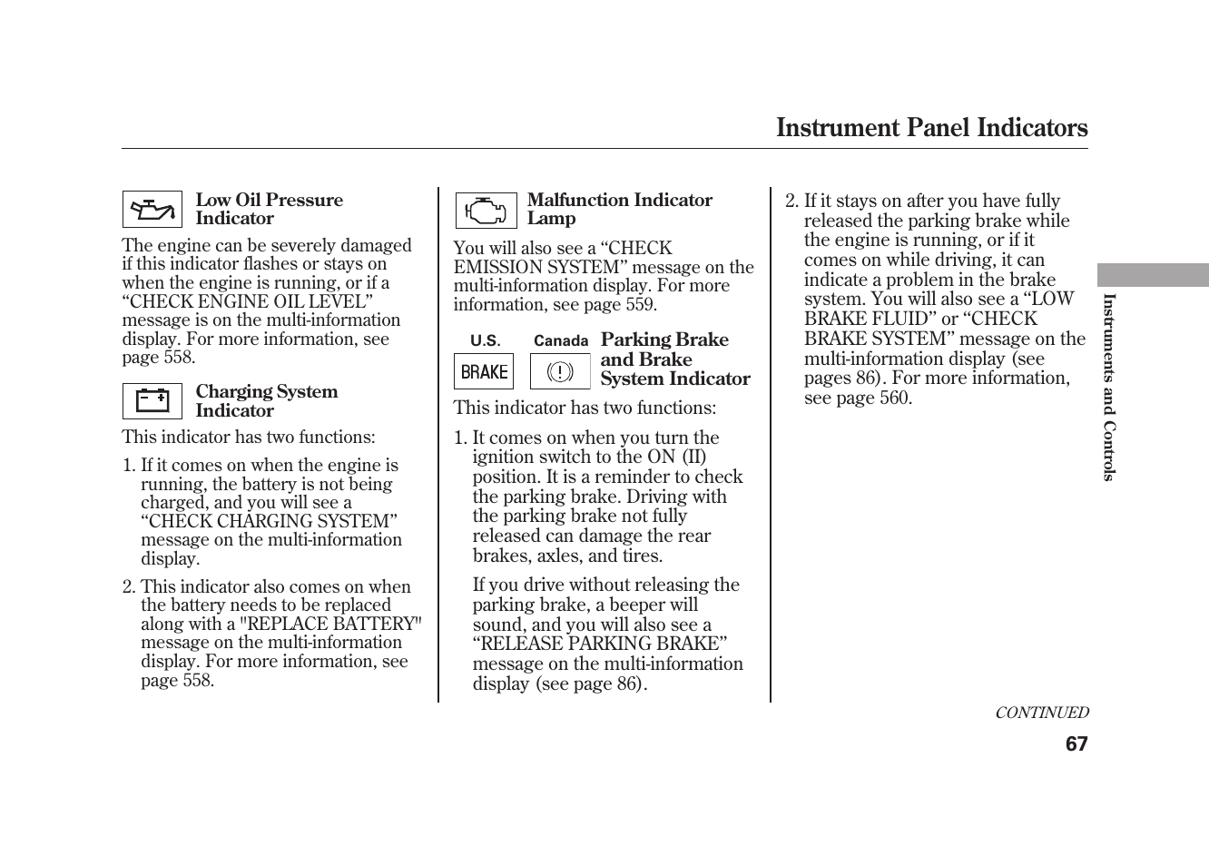 Instrument panel indicators | Acura 2010 MDX User Manual | Page 74 / 616