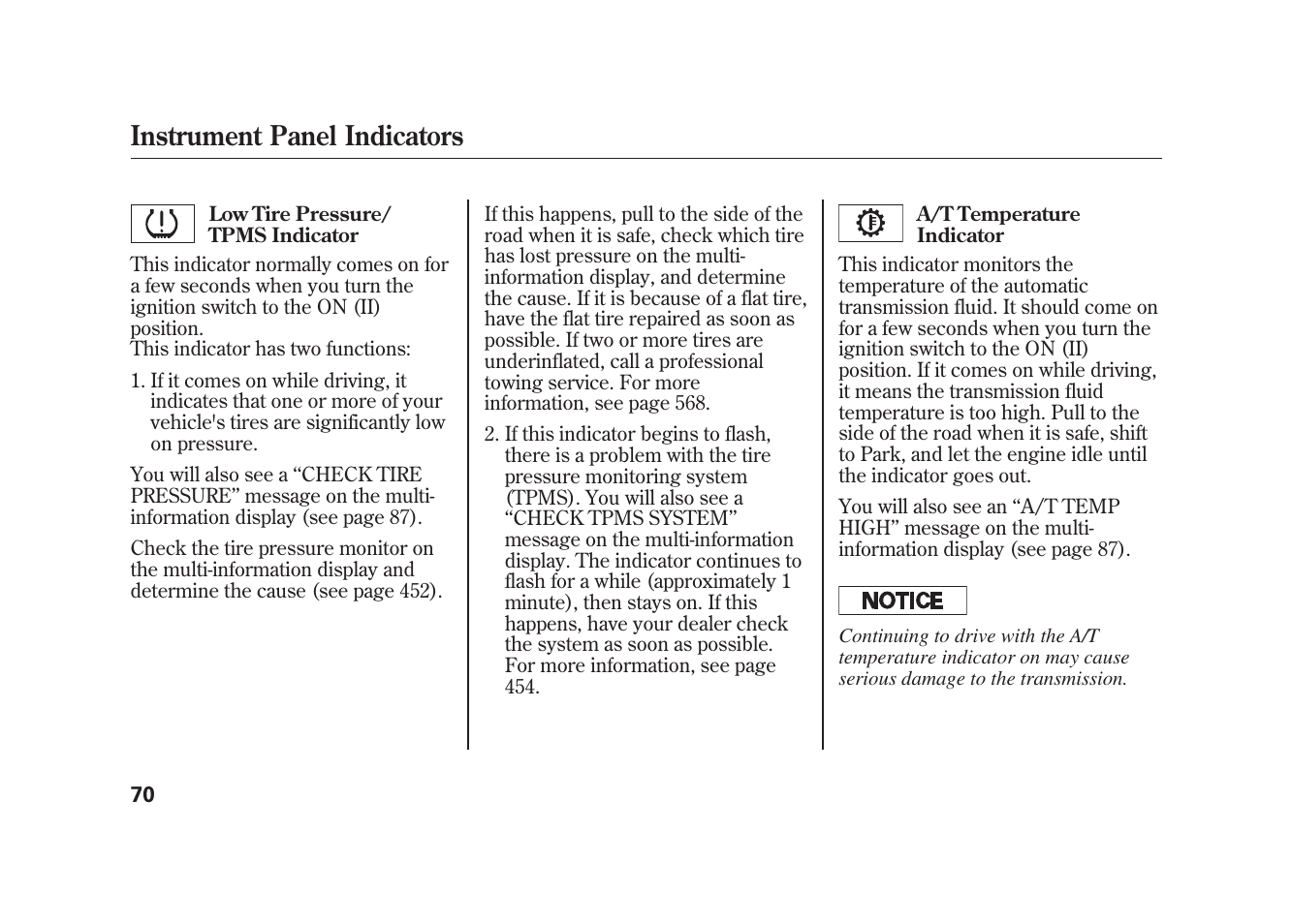 Instrument panel indicators | Acura 2010 MDX User Manual | Page 77 / 616