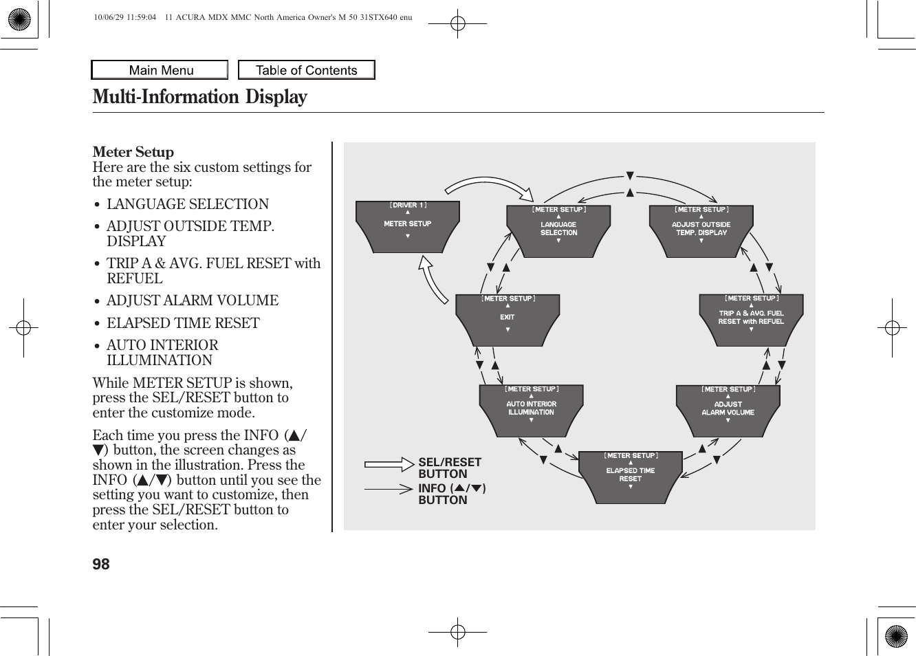 Multi-information display, 2011 mdx | Acura 2011 MDX User Manual | Page 102 / 607