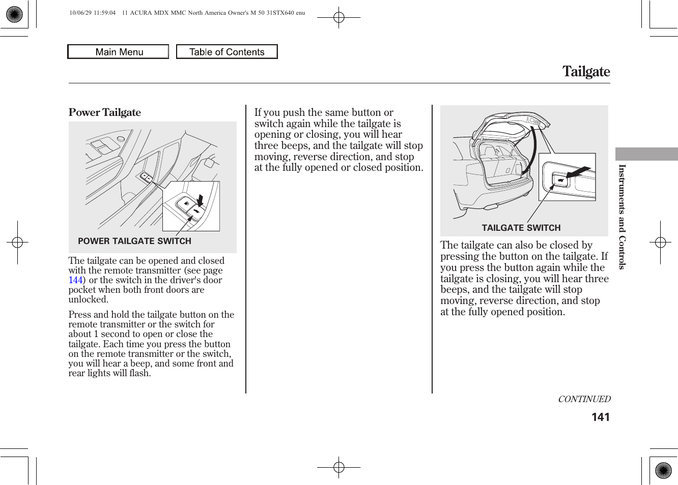 Tailgate, 2011 mdx | Acura 2011 MDX User Manual | Page 145 / 607