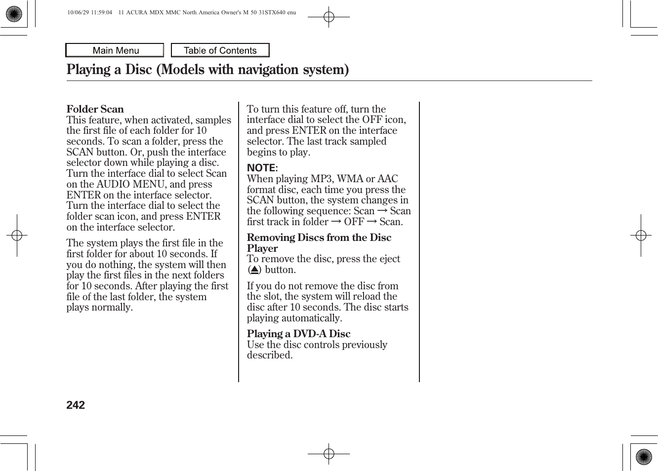 Eject button, Playing a disc (models with navigation system), 2011 mdx | Acura 2011 MDX User Manual | Page 246 / 607