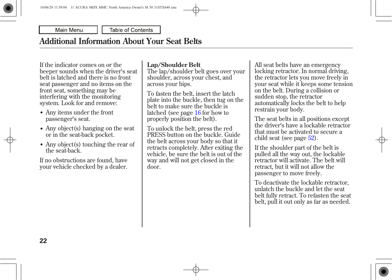 Additional information about your seat belts, 2011 mdx | Acura 2011 MDX User Manual | Page 26 / 607