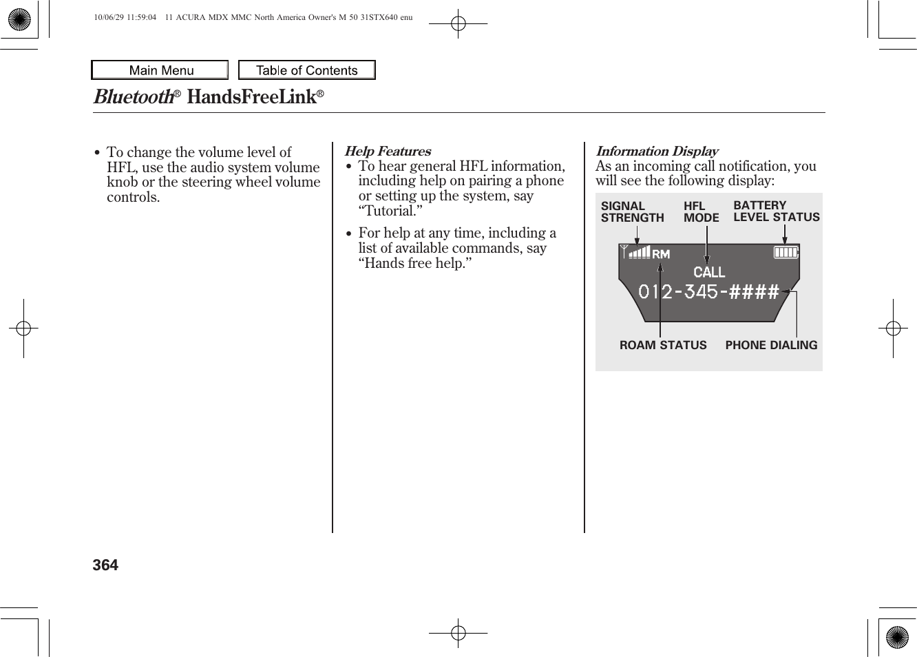 Bluetooth, Handsfreelink, 2011 mdx | Acura 2011 MDX User Manual | Page 368 / 607