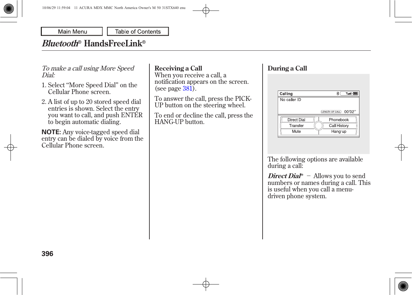 Bluetooth, Handsfreelink, 2011 mdx | Acura 2011 MDX User Manual | Page 400 / 607