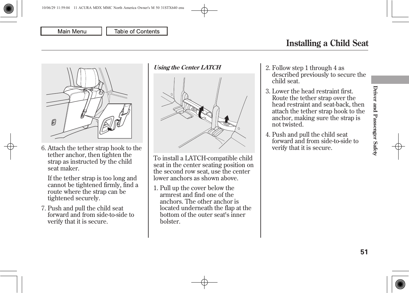 Installing a child seat, 2011 mdx | Acura 2011 MDX User Manual | Page 55 / 607