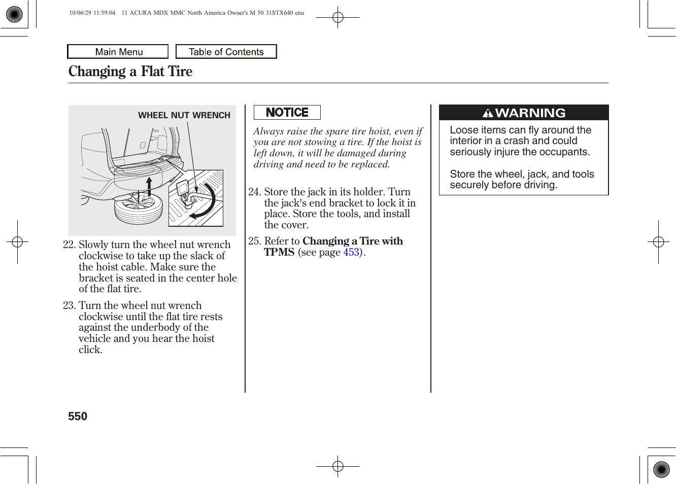 Changing a flat tire, 2011 mdx | Acura 2011 MDX User Manual | Page 554 / 607