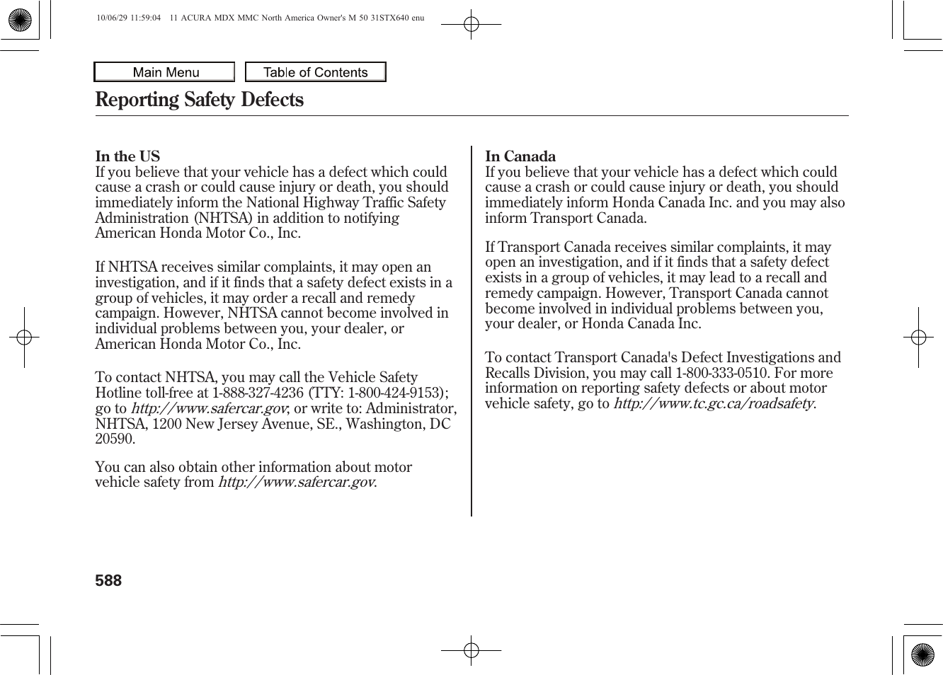 Reporting safety defects, 2011 mdx | Acura 2011 MDX User Manual | Page 592 / 607