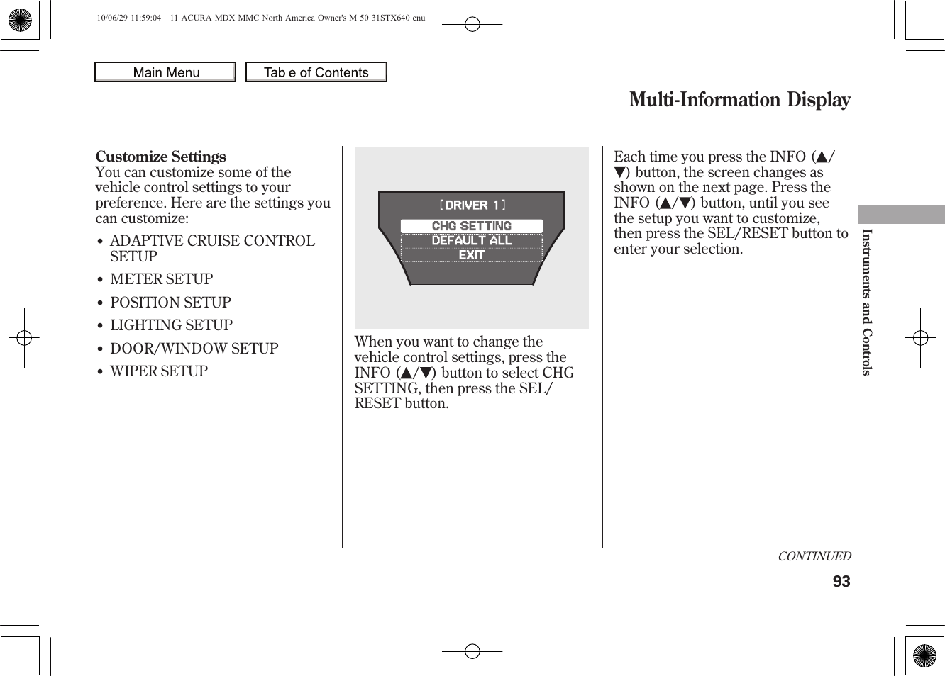 Multi-information display, 2011 mdx | Acura 2011 MDX User Manual | Page 97 / 607