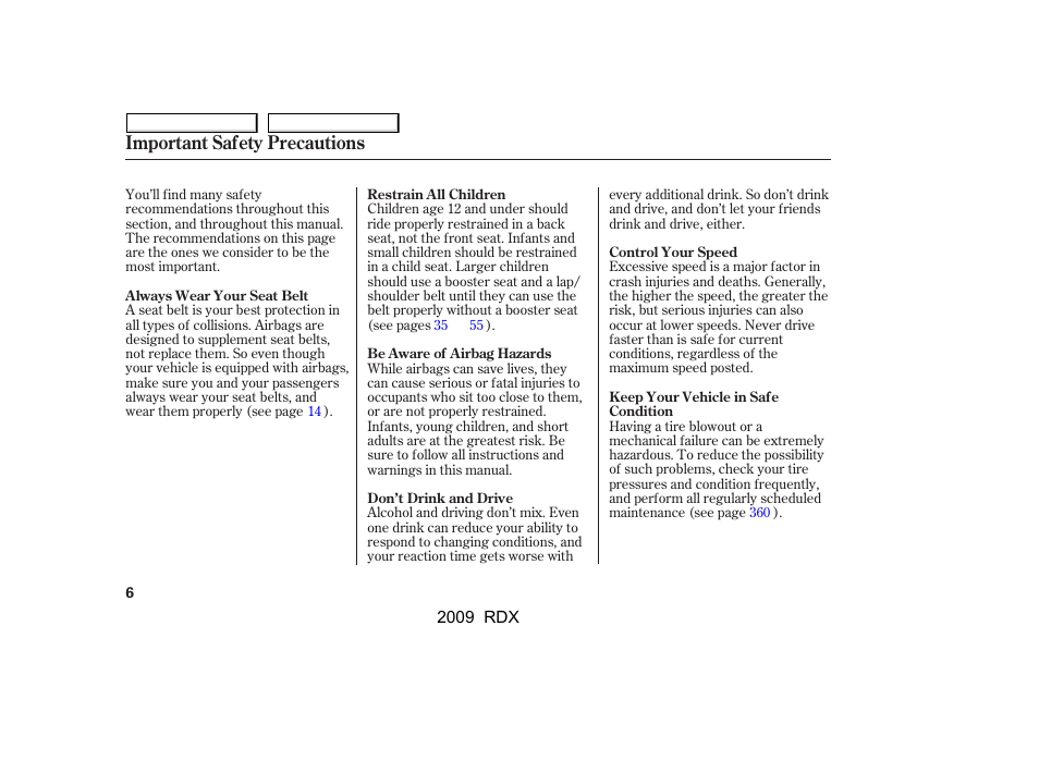 Important safety precautions | Acura 2009 RDX User Manual | Page 10 / 433