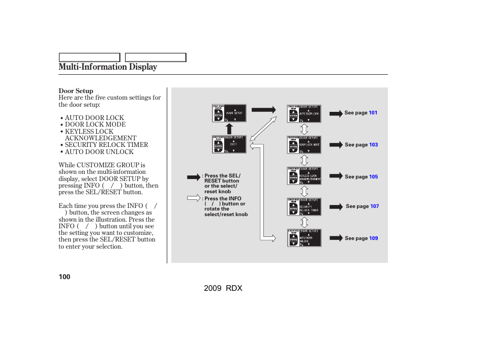 Multi-information display, 2009 rdx | Acura 2009 RDX User Manual | Page 104 / 433