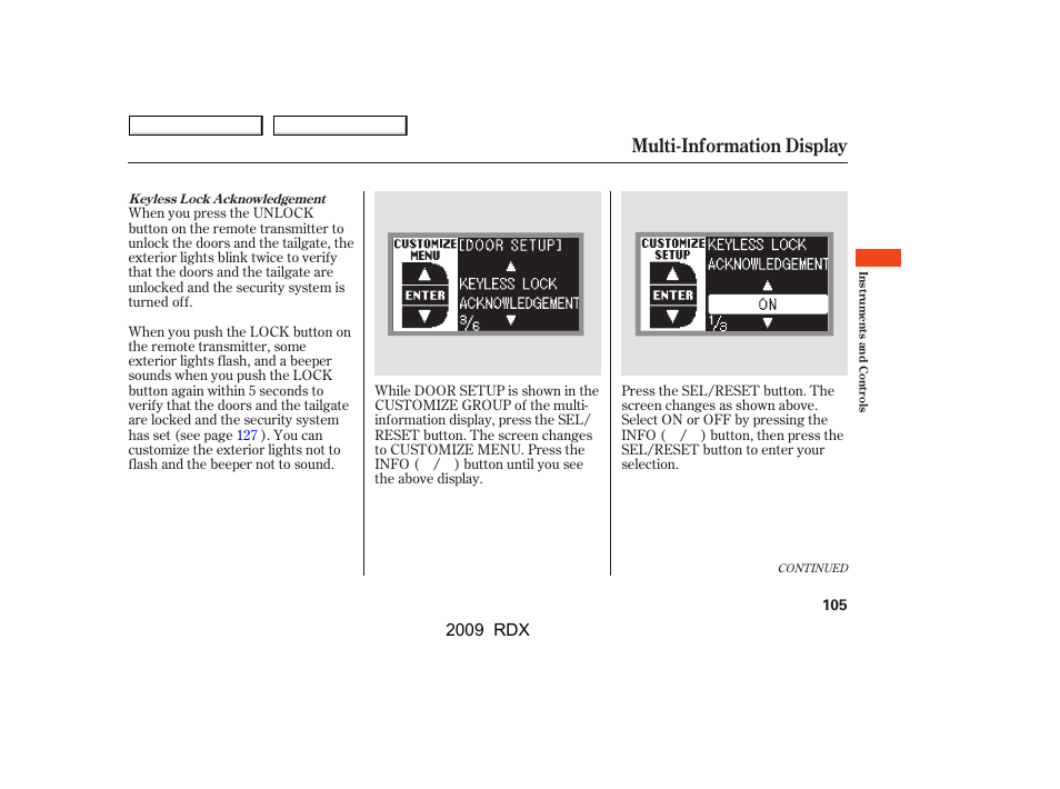 Multi-information display, 2009 rdx | Acura 2009 RDX User Manual | Page 109 / 433
