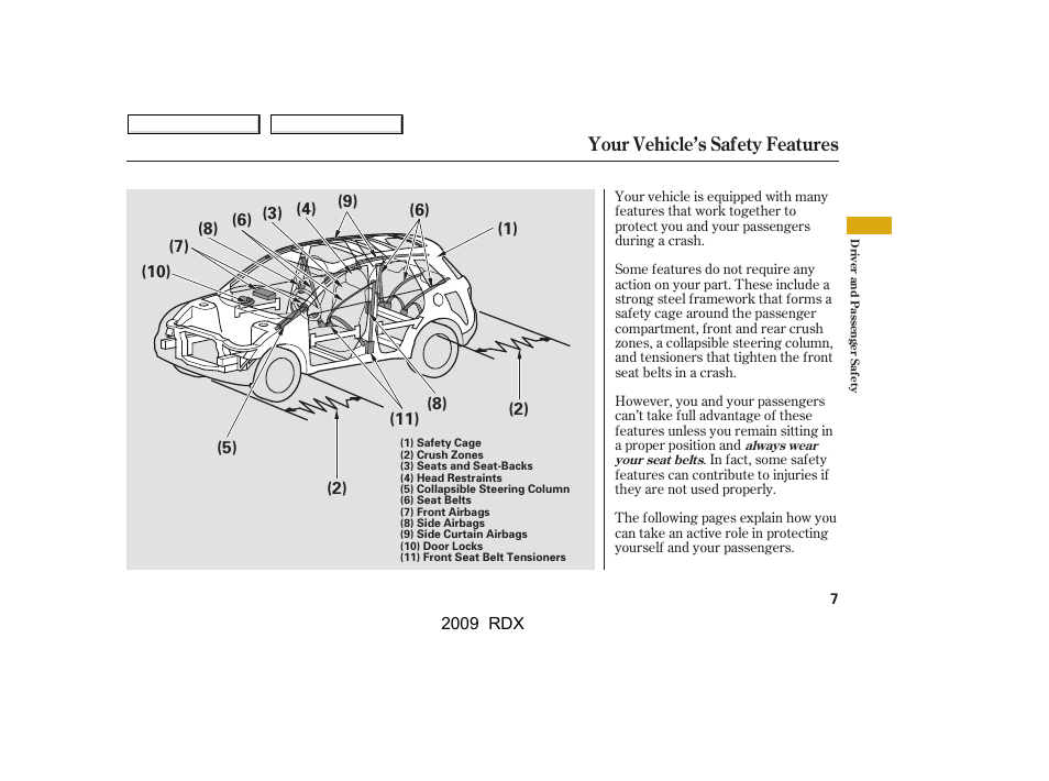 Your vehicle’s safety features | Acura 2009 RDX User Manual | Page 11 / 433