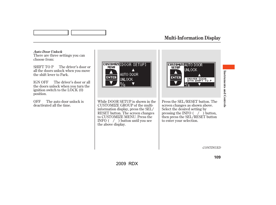 Multi-information display, 2009 rdx | Acura 2009 RDX User Manual | Page 113 / 433