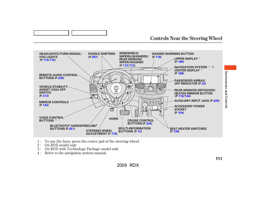 Controls near the steering wheel, 2009 rdx | Acura 2009 RDX User Manual | Page 115 / 433