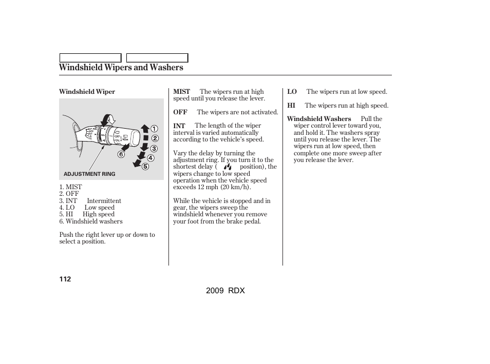 Windshield wipers and washers | Acura 2009 RDX User Manual | Page 116 / 433