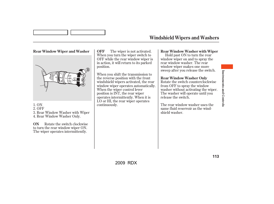 Windshield wipers and washers, 2009 rdx | Acura 2009 RDX User Manual | Page 117 / 433