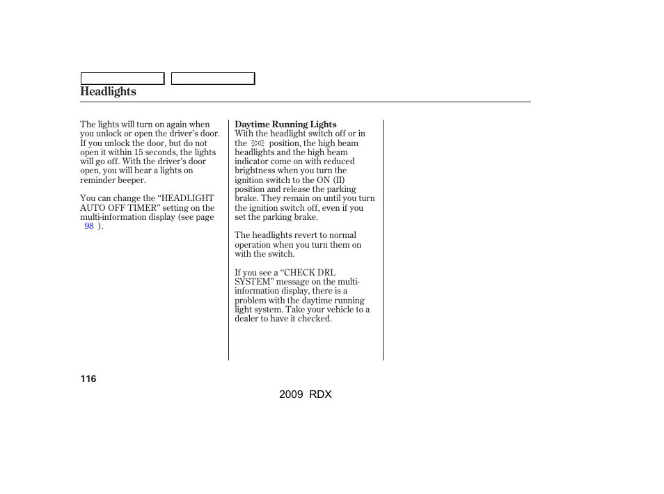 Headlights | Acura 2009 RDX User Manual | Page 120 / 433