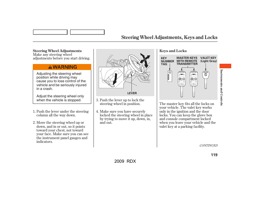 Steering wheel adjustments, keys and locks, 2009 rdx | Acura 2009 RDX User Manual | Page 123 / 433