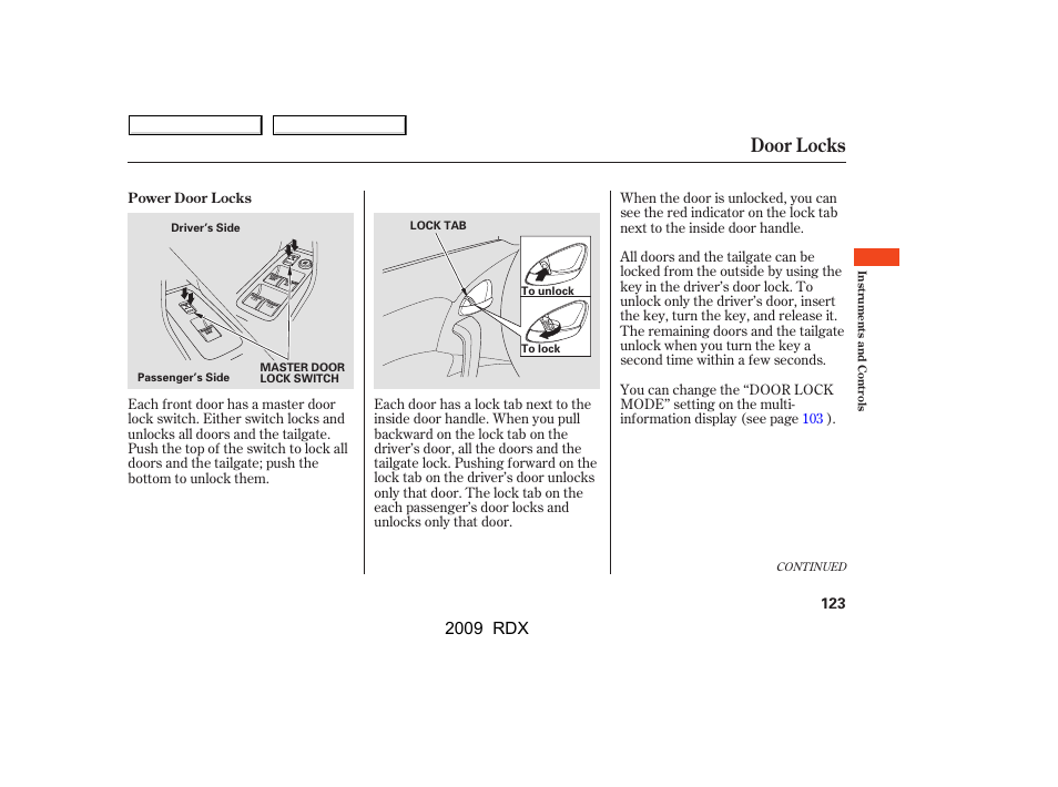 Door locks, 2009 rdx | Acura 2009 RDX User Manual | Page 127 / 433