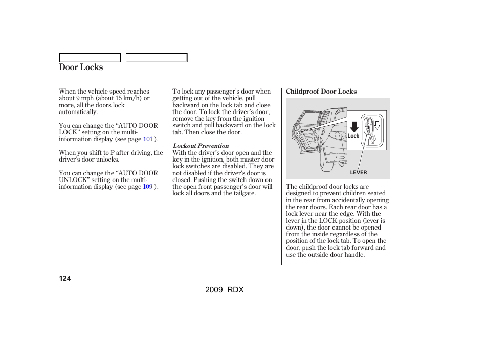 Door locks | Acura 2009 RDX User Manual | Page 128 / 433