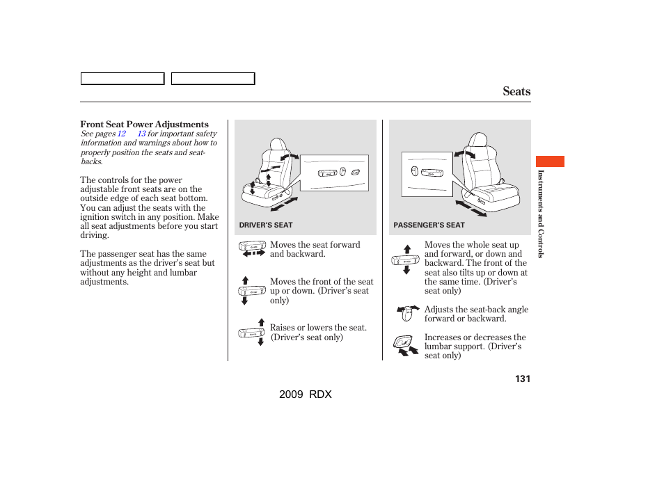 Seats, 2009 rdx | Acura 2009 RDX User Manual | Page 135 / 433